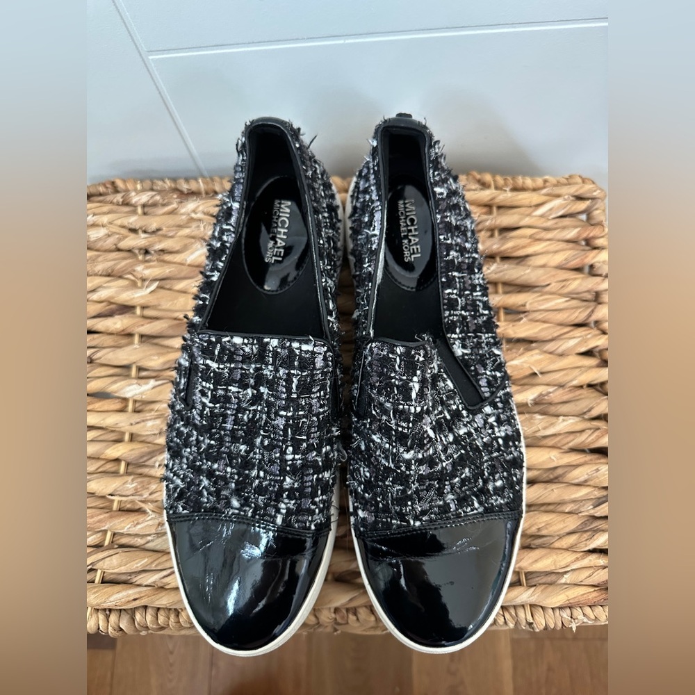 Michael Kors Black and White Tweed Slip-On Sneakers